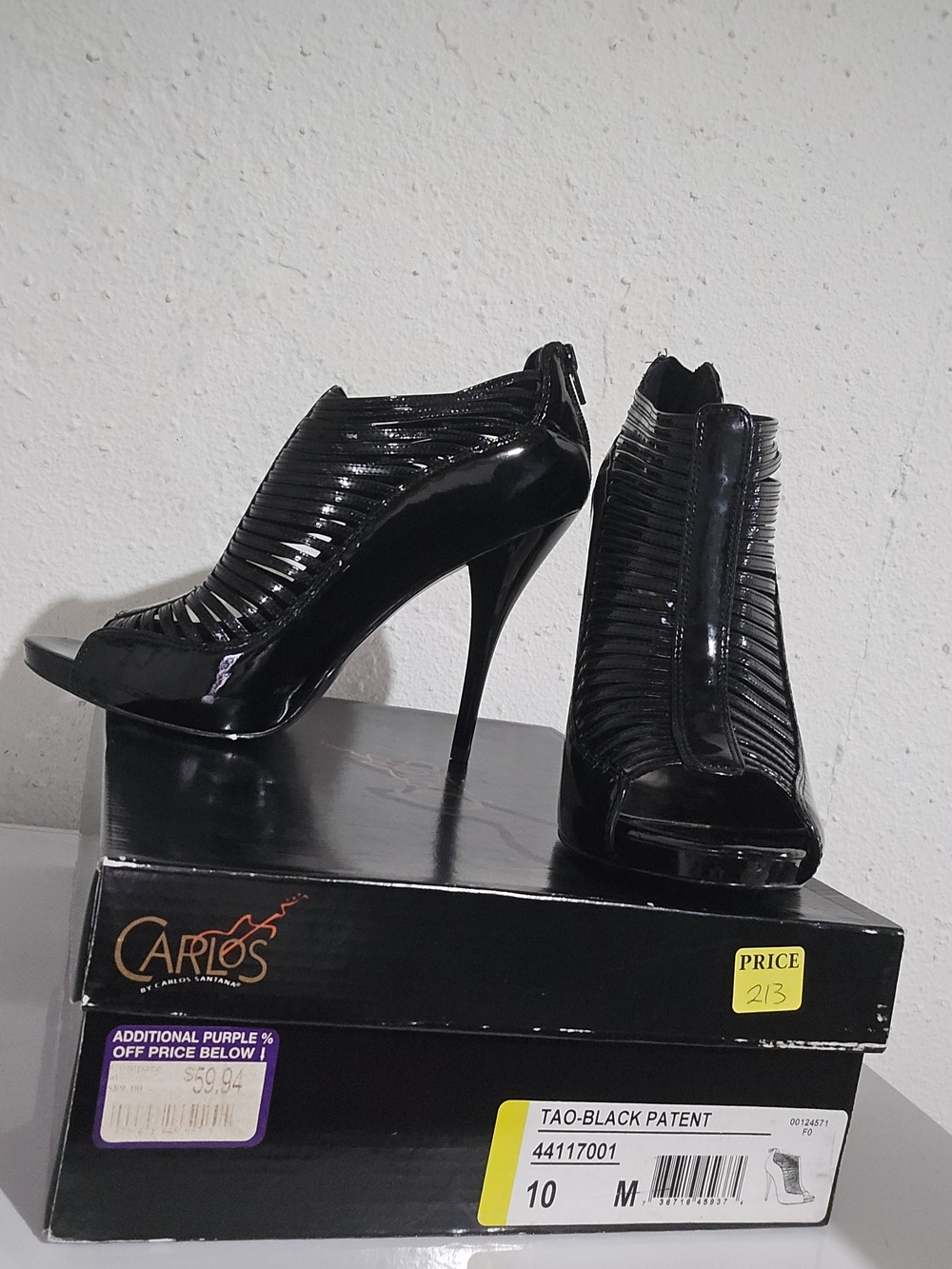 Carlos by Carlos Santana TAO Black Patent Peep-Toe Stiletto Booties
